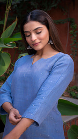 Durga Embellished Pure Linen Kurta + Pants - Pastel Blue