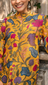 Mihika Kalamkari Short Top In Soft Silk - Mustard Yellow