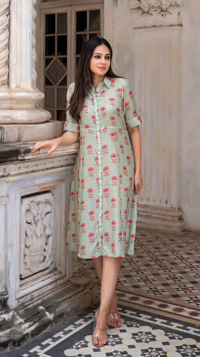 Aanya Cotton Silk Dress - Powder Green