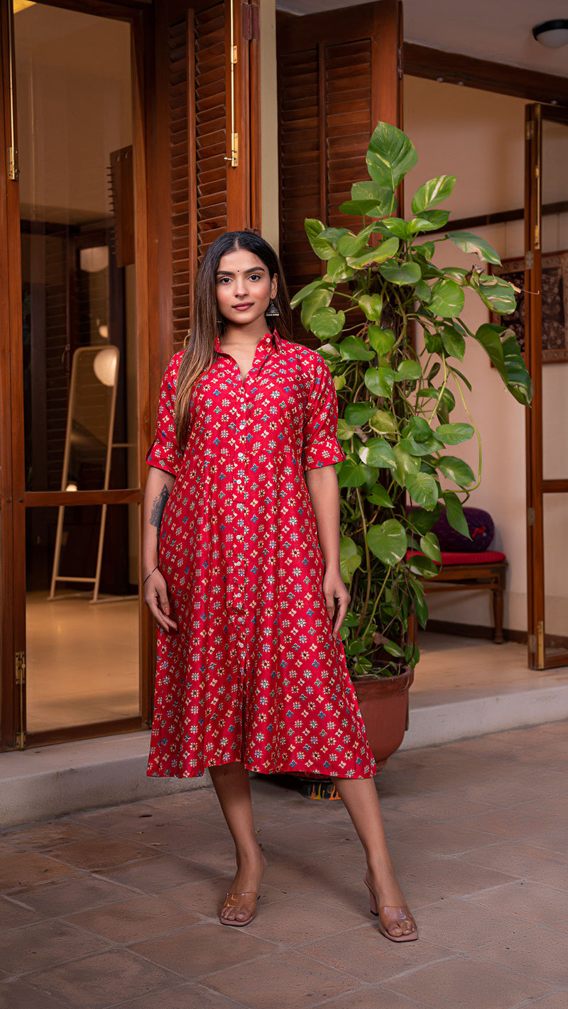 Aria Butti Shirt Dress In Silk - Red