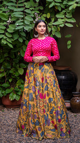 Kalamkari Silk Lehenga - Mustard Yellow with Bandhani Blouse